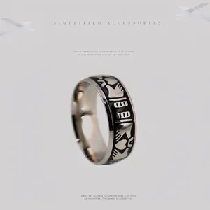 Retro stainless steel wide ring with black heart and palm engravings for couples