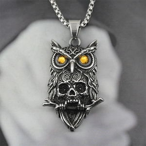 Gothic Owl Skull Pendant Necklace Titanium Steel Retro Silver Rhinestone Eyes Owl Pendant Punk Jewelry For Men Women