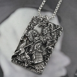 Collana con Ciondolo in Rilievo in Acciaio al Titanio da Uomo Vintage Cinese Drago Intaglio Rettangolare Gioielli