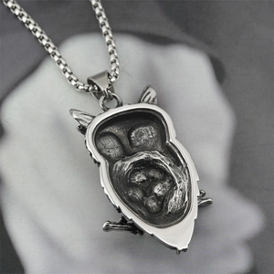 Retro silver owl necklace pendant with detailed textured back and square link chain