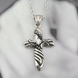 Vintage silver titanium steel cross necklace with scale texture and centered sparkling zircon