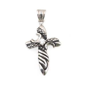 Hip hop silver titanium steel cross pendant necklace with white zircon stone inlay