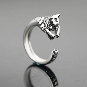 Vintage stainless steel tiger ring with adjustable open band and crown carving