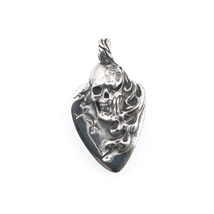 Silver gothic skull pendant in guitar pick shape for men's punk rock style necklace