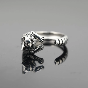 Retro stainless steel tiger head open ring with intricate vintage embossed tiger patterns