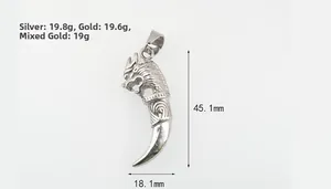 Macro view of dragon tooth pendant showing dimensions of 45.1mm height and 18.1mm width