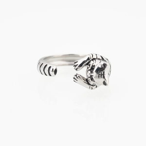 Vintage silver tiger head open ring with detailed black stripes and adjustable band