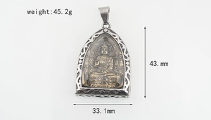 Detailed size specifications for silver titanium Buddha pendant with golden seated deity