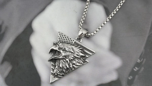 Detail of vintage silver eagle pendant with star and stripe patterns on box chain