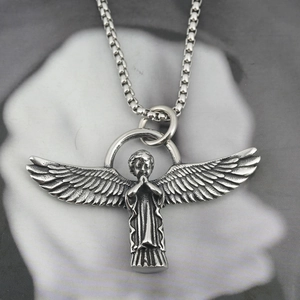 Vintage Stainless Steel Praying Angel Wings Pendant Necklace For Men Women Hip Hop Distressed Finish Religious Punk Jewelry