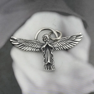 Titanium steel angel pendant necklace with vintage silver finish and detailed wings