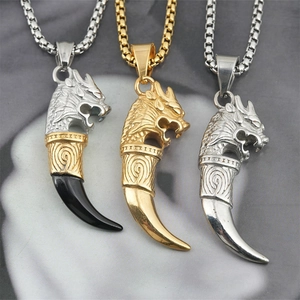 Vintage Titanium Steel Dragon Head Wolf Tooth Pendant Necklace Hip Hop Punk Style Jewelry For Men Women Necklace Gift