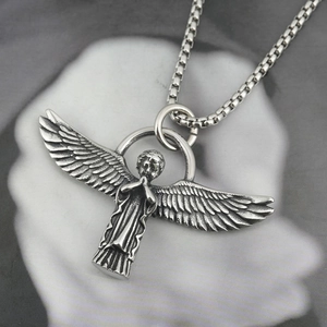 Retro titanium steel angel wing pendant necklace with vintage silver finish for men and women