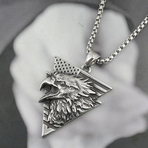 Vintage eagle head titanium steel necklace with stars and stripes engraved shield pendant