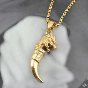 Retro golden dragon head wolf tooth pendant necklace with a vintage box chain for men