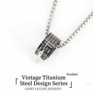 Titanium Steel Spanish Lord's Prayer Scripture Ring Cross Pendant Necklace For Men Religious Fashion Box Chain Jewelry