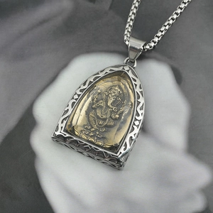 Titanium steel Ganesha pendant necklace with gold Buddha relief and silver box chain