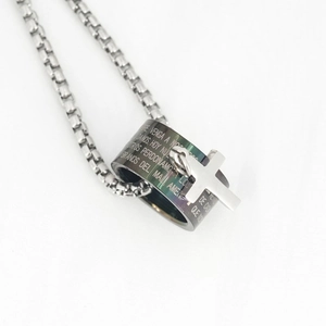 Men's titanium steel cross pendant necklace with black prayer ring and box chain