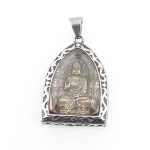 Religious Buddha pendant in titanium steel with detailed vintage metal carving