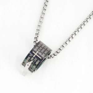 Men's titanium steel necklace with black ring pendant and silver cross on a box chain