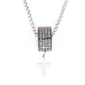 Men's titanium steel necklace with black prayer ring and silver cross pendant