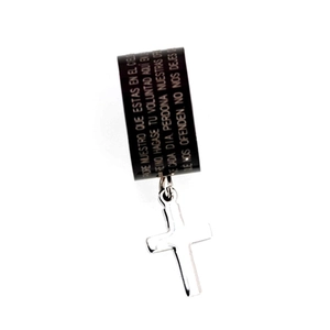 Black stainless steel ring with Spanish prayer engraving and silver cross pendant