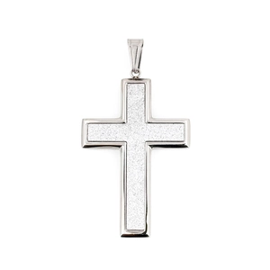 Pendente a croce in argento lucido con inserto opaco e design in acciaio a doppio strato