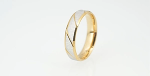 Detail of two-tone titanium ring with silver brushed surface and golden inner edges