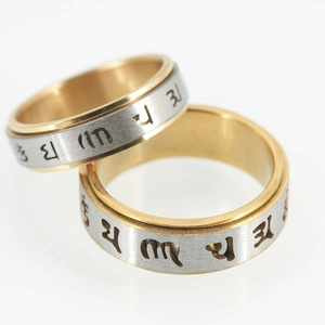 Bague Spinner Mantra à Six Syllabes en Acier Inoxydable Rotative Bicolore Or Argent Méditation Bouddhiste Anneau pour Hommes Femmes Bijoux de Mode Religieux