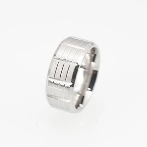 Mens brushed titanium steel ring with geometric vertical textured grooves on white background