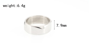 Detailed view of 7.9mm wide silver stainless steel flat band ring weighing 6.4g