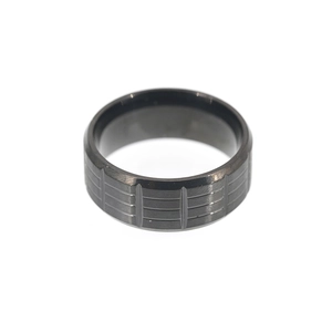 Men's titanium steel ring featuring a black matte finish and textured vertical grooved pattern