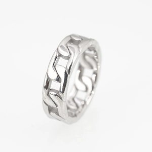 Polished silver stainless steel ring with a unique cuban chain link hollow pattern
