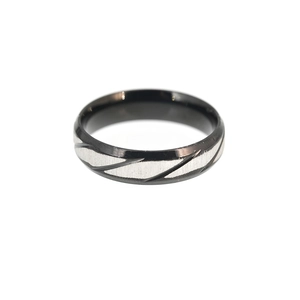 Men's titanium steel ring with black diagonal stripes and silver brushed metal finish