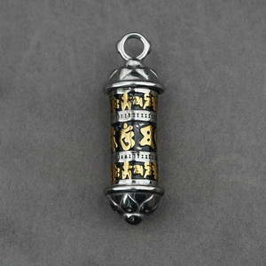 Silver titanium steel cylinder pendant necklace featuring golden mantra and lotus carving