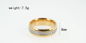 Detail view of 8mm wide golden titanium ring with grey woven carbon fiber inlay