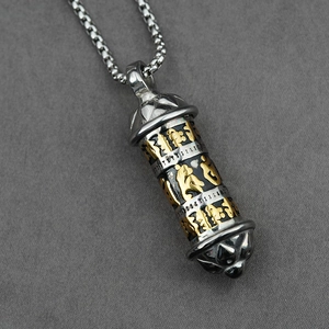 Titanium steel cylinder mantra pendant necklace with gold engraved lotus and sutra details