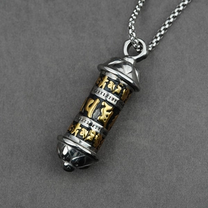Titanium steel cylinder necklace with lotus carvings and engraved Buddhist mantras