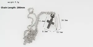 Detail view of steel cross and heart pendant necklace showing weight and size specs