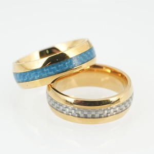 Minimalist gold titanium steel rings with blue and grey woven carbon fiber inlay