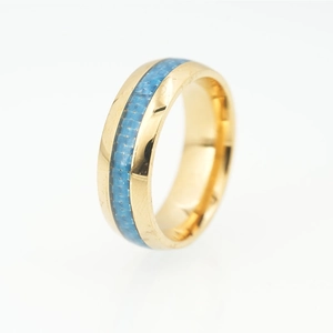 Men's gold titanium steel ring featuring a blue braided carbon fiber inlay design