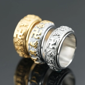 Retro Titanium Steel Spinner Ring For Men Buddhist Swastika Mantra Rotatable Religious Jewelry Spinner Finger Ring Gift
