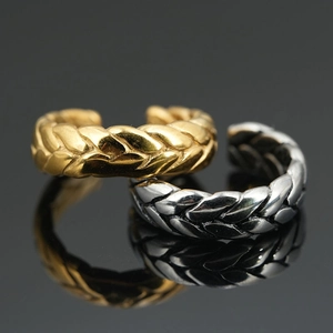 Polished titanium steel wheat grain pattern open rings in gold and silver finish