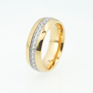 Polished gold titanium ring with white carbon fiber inlay and braided texture pattern