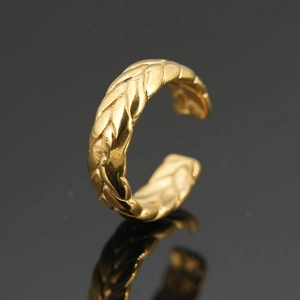 Golden stainless steel wheat pattern ring with polished finish and adjustable open design