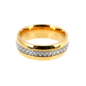 Polished gold stainless steel ring with grey carbon fiber inlay for men and women