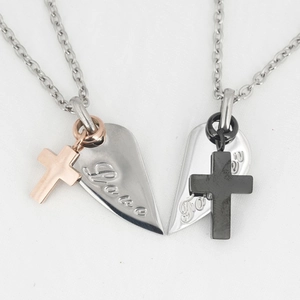 Stainless Steel Heart Cross Couple Pendant Necklace Engraved Love Forever Matching Puzzle Jewelry Gift For Men Women