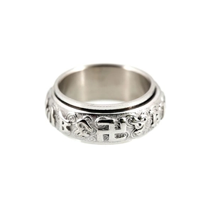Rotating stainless steel mantra ring for men with embossed buddhist swastika symbols