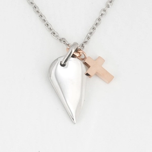 Polished silver teardrop pendant with rose gold cross on a stainless steel chain
