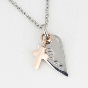 Titanium steel necklace with silver Love heart and rose gold cross pendants